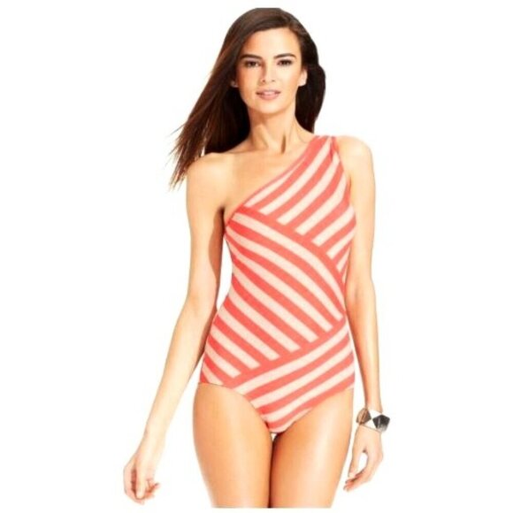 DKNY One-Shoulder Coral & Beige Striped Swimsuit Size 10 Nylon/Spandex - Picture 1 of 12